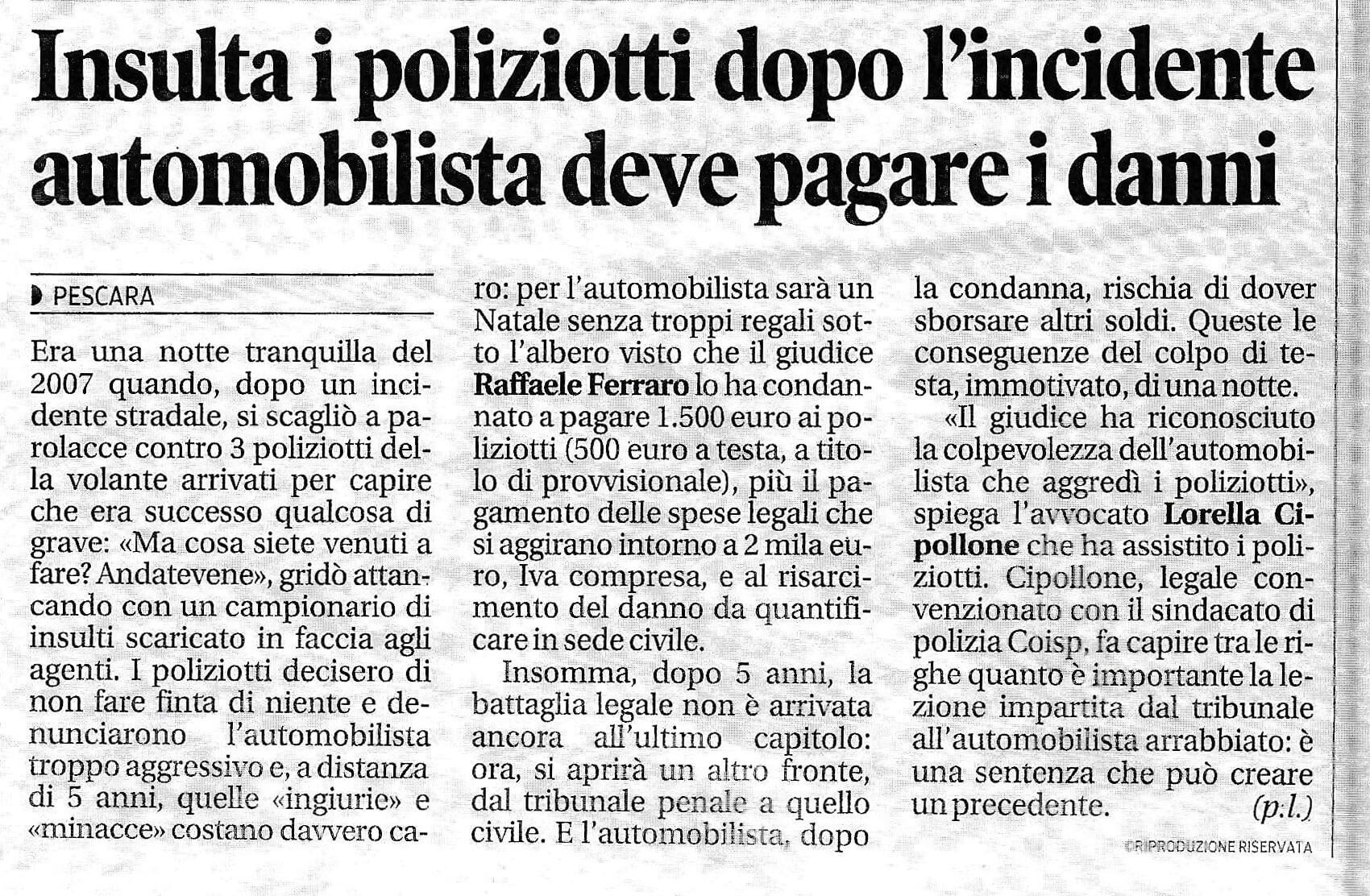 Insulta i poliziotti dopo l'incidente, automobilista deve pagare i danni